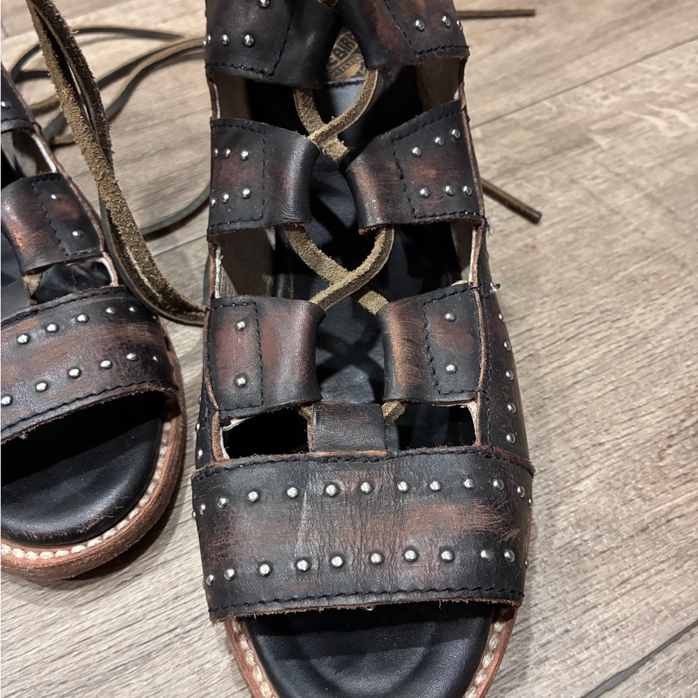 Freebird by Steven Distressed Brown Studded Lace-Up Sandals